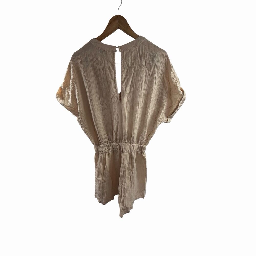 Cupshe Women’s Beige Gauze Romper V-Neck Drawstring Waist Short Sleeve Casual - Picture 14 of 14
